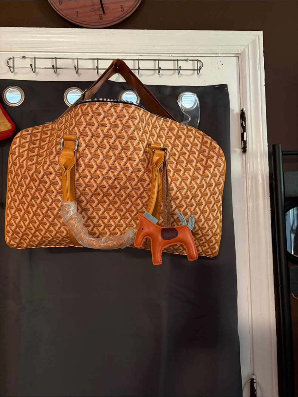 Tan Patterned Tote Bag with Horse Charm